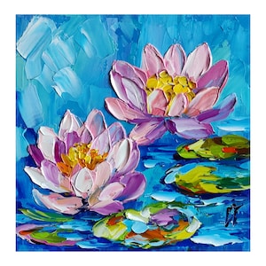 Lotus Oil Painting Flower Original Art, Water Lily Artwork Pond Landscape Impasto Small Wall Art 6*6 inches gift for her by ChertanaART