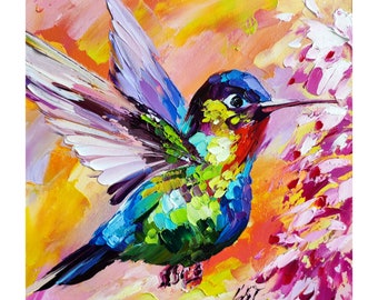 Kolibri-Gemälde original, Porträt bunte Vogel-Öl-Kunstwerk Tiere Wandkunst