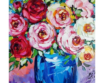 Rosengemälde, florale Originalkunst, Blumen-Ölgemälde, impressionistisches Kunstwerk