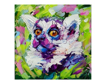 Lemur original oil painting, portrait artwork wild animal wall art