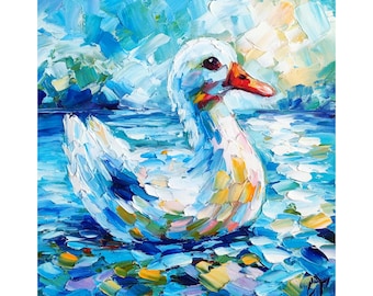 Eendolieverfschilderij: boerderijdieren, vogel, vijver, originele kunst, 8 x 8 in