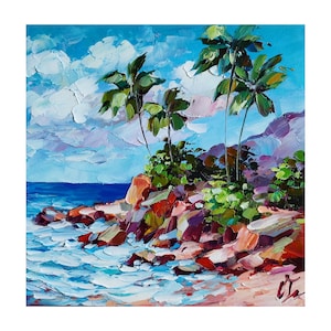 Laguna Beach Oil Painting Seascape Original Wall Art, California Palm Ocean Artwork 8*8 inch, Gifts by ChertanaART