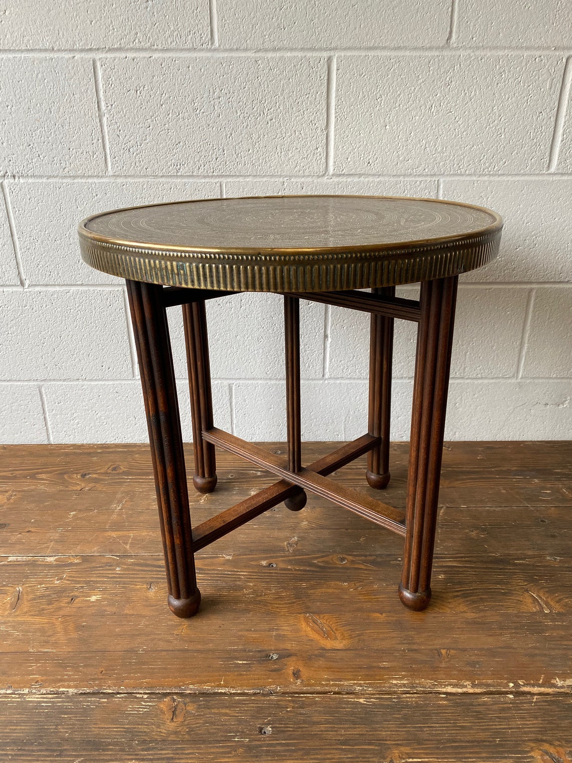 Vintage Circular Brass Top Folding Table on Fluted Wooden Legs Etsy
