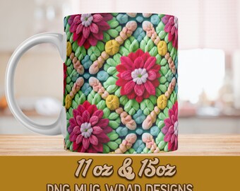 Diseño PNG de funda floral de ganchillo para tazas: Plantilla de 11 oz y 15 oz (descarga digital)