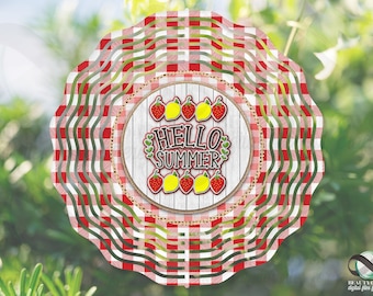 Hello Summer Wind Spinner Sublimation Design: Strawberries, Farmhouse (PNG Digital Download)