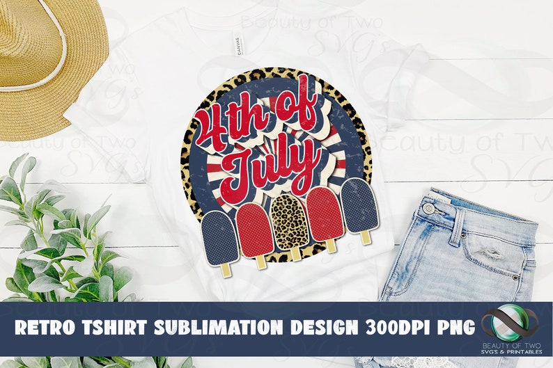 May include: A white t-shirt sublimation design featuring a red, white, and blue 4th of July graphic with a leopard print background and popsicle accents.