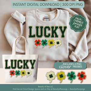 Puede incluir: Una sudadera y un bolso tote de color crema con la palabra "LUCKY" en letras verdes y doradas, junto con diseños de tréboles de cuatro hojas en rojo, verde, amarillo y crema. La imagen también incluye cuatro obsequios de trébol.