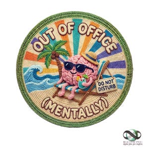 May include: A circular woven wall hanging with the text "OUT OF OFFICE (MENTALLY)". It depicts a brain character in sunglasses relaxing on a beach chair, holding a cocktail. A palm tree and ocean waves are also shown in the design.