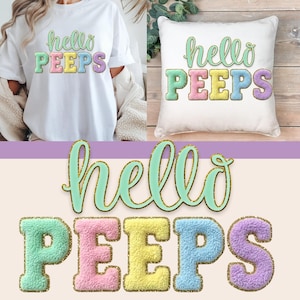 May include: White t-shirt and pillow with the text "hello PEEPS" in pastel colors. The letters are fluffy with gold glitter trim. The image also shows a close-up of the text on a light pink background.