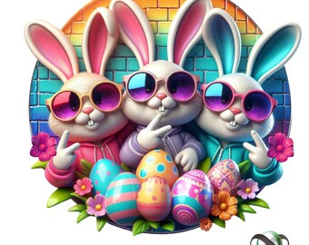 Lindos conejitos de Pascua, imágenes prediseñadas de conejitos de Pascua con el símbolo de la paz, diseño para sublimación de camisetas, descarga digital PNG, descarga instantánea, SOLO DIGITAL, diseño PNG para camisetas