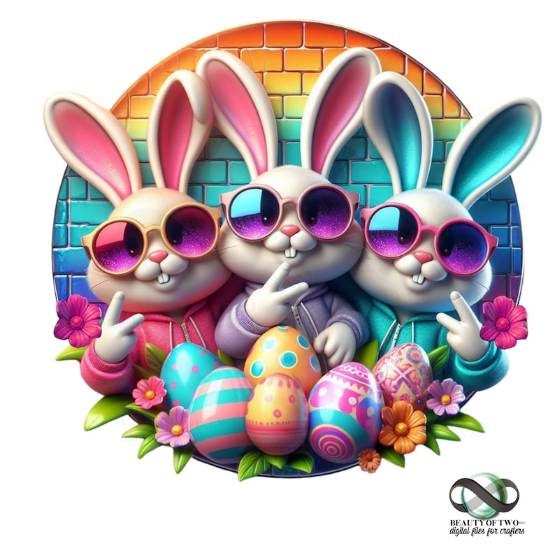 Cute Easter Bunnies, Peace Sign Easter Bunnies Clipart Shirt Sublimation Design Digital Download PNG Instant DIGITAL ONLY, Tshirt png Design image 1