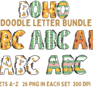 Alphabet PNG Bundle, Boho Doodle Letter PNG, Doodle Letter 5 set 26 letters A-Z Retro Sublimation Designs, Instant Download Boho png Letters