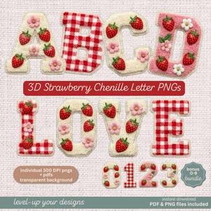 Può includere: Una collezione di lettere e numeri in ciniglia 3D, tra cui A, B, C, D, L, O, V e 0, 1, 2, 3. Ogni lettera e numero è decorato con fragole e fiori. Le lettere presentano un motivo a quadretti vichy.