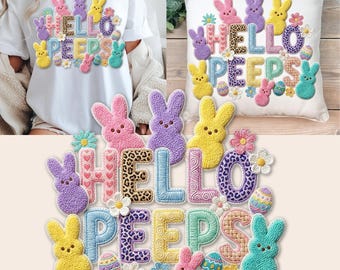 Hello Peeps Easter PNG | Faux Chenille Embroidery, Bunny Design (Digital Download)