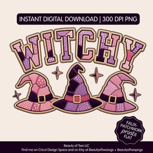 May include: A digital graphic featuring the word WITCHY in a purple and pink faux-patchwork pattern above three witch hats in matching patchwork designs. The image includes small four-pointed star accents and text reading INSTANT DIGITAL DOWNLOAD.