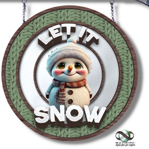 Ornamento natalizio pupazzo di neve PNG, grazioso design invernale "Let it Snow", ornamento rotondo con cartello pupazzo di neve, pronto per la stampa PNG, download immediato