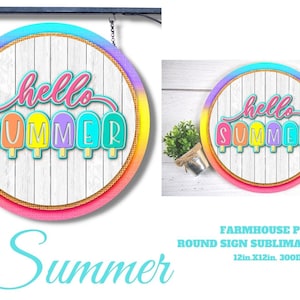 Sublimation Runde Türschild Design, Hallo Sommer Eis am Stiel Runde Schild Design Rustikale Zeichen PNG Sublimation PNG bereit Druck PNG Download