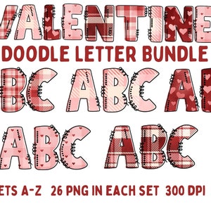 Valentine Alphabet PNG Bundle, Valentine Doodle Letter PNG, 5 set 26 letters A-Z Valentine Plaid Sublimation Designs, Instant Download pngs