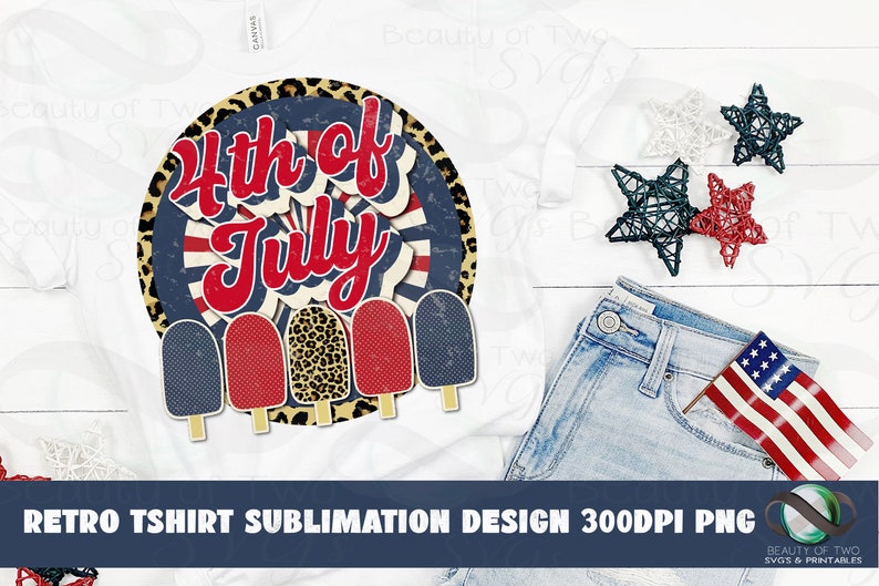 May include: A sublimation design featuring a red, white, and blue 4th of July graphic with popsicle accents. The design is set against a white background with a leopard print border.