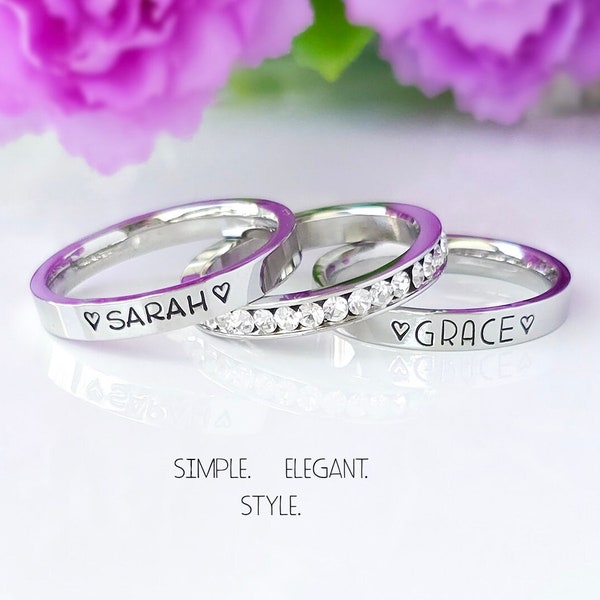 Personalized Stainless Steel Ring, Stackable Ring, Flat 3mm Wide, Personalized Gift For Mom, Family, Custom Baby Name, Mother Gift