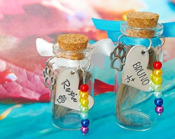 Pet Memorial Glass Jar, Handstamped Personalized Name, Pet Fur Keepsake, Dog Cat Remembrance, Memorial Glass Jar, Rainbow Bridge