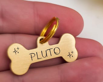 Bone Dog Tag, Hand Stamped Pet ID Brass Tag, Personalized Dog Tag