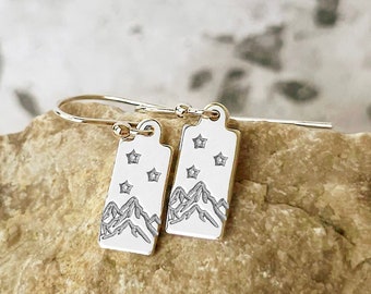 Earrings Dangle Small, Sterling Silver, Gold Filled, Mountain And Stars Nature, Gift For Her, Mom, Sterling Silver Jewelry