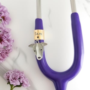 Personalized Stethoscope ID Tag, Greyhound Charm, Hand Stamped Name Doctor Gift