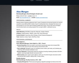 Creador de currículums interactivo para sistemas ATS / Exportación a Word y PDF / Plantilla de CV profesional