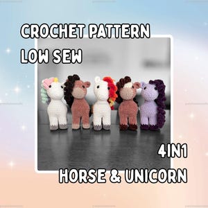 May include: Five plush crochet toys featuring horses and unicorns in white, brown, and purple with multi-colored manes. The text CROCHET PATTERN LOW SEW 4IN1 HORSE & UNICORN is displayed. These soft, stuffed figures have dark eyes and textured yarn bodies.