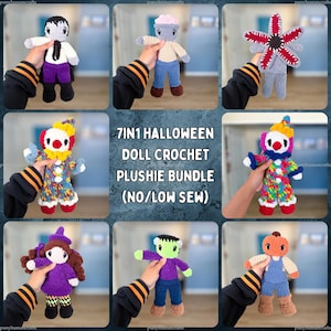 Puede incluir: Una colección de siete muñecos de peluche tejidos a ganchillo con varios personajes de Halloween, incluyendo un payaso, una bruja, una figura con cabeza de calabaza y un monstruo, con el texto 7IN1 HALLOWEEN DOLL CROCHET PLUSHIE BUNDLE (NO/LOW SEW) en el centro.