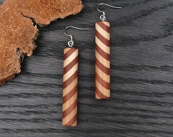 Candy Striped Cylinder Wooden Earrings - Tasmanian Myrtle / Maple - Round Wood Natural - Sustainable Jewellery Handmade, Australian Native