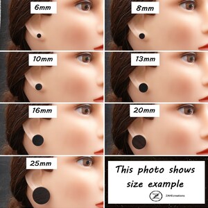 May include: A photo showing different sizes of black wooden earrings, ranging from 6mm to 25mm in diameter. The text "This photo shows size example" is displayed below the earrings.
