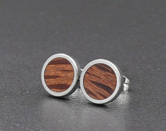 Buloke Wooden Studs- Stainless Steel Flat Edge - Round Wood Earrings  - Australian Sustainable Jewellery - Simple Design - Stripes Bull Oak