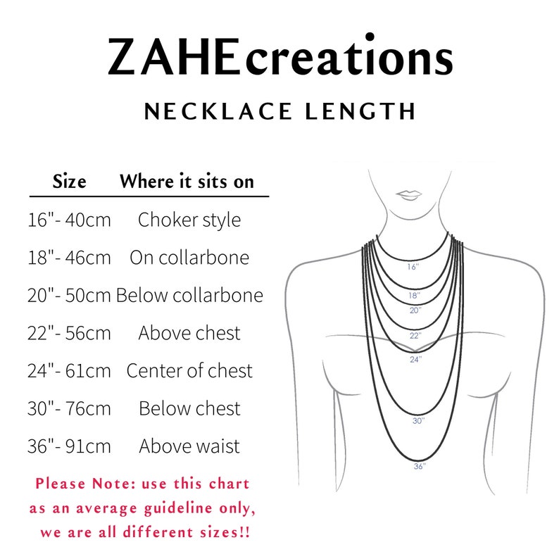 Necklace chart to show where necklace will hang with which length