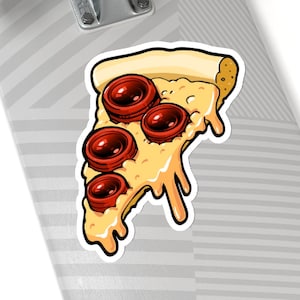 May include: A 6x6 inch sticker on a white background featuring a cartoon illustration of a slice of pizza with pepperoni and melted cheese.