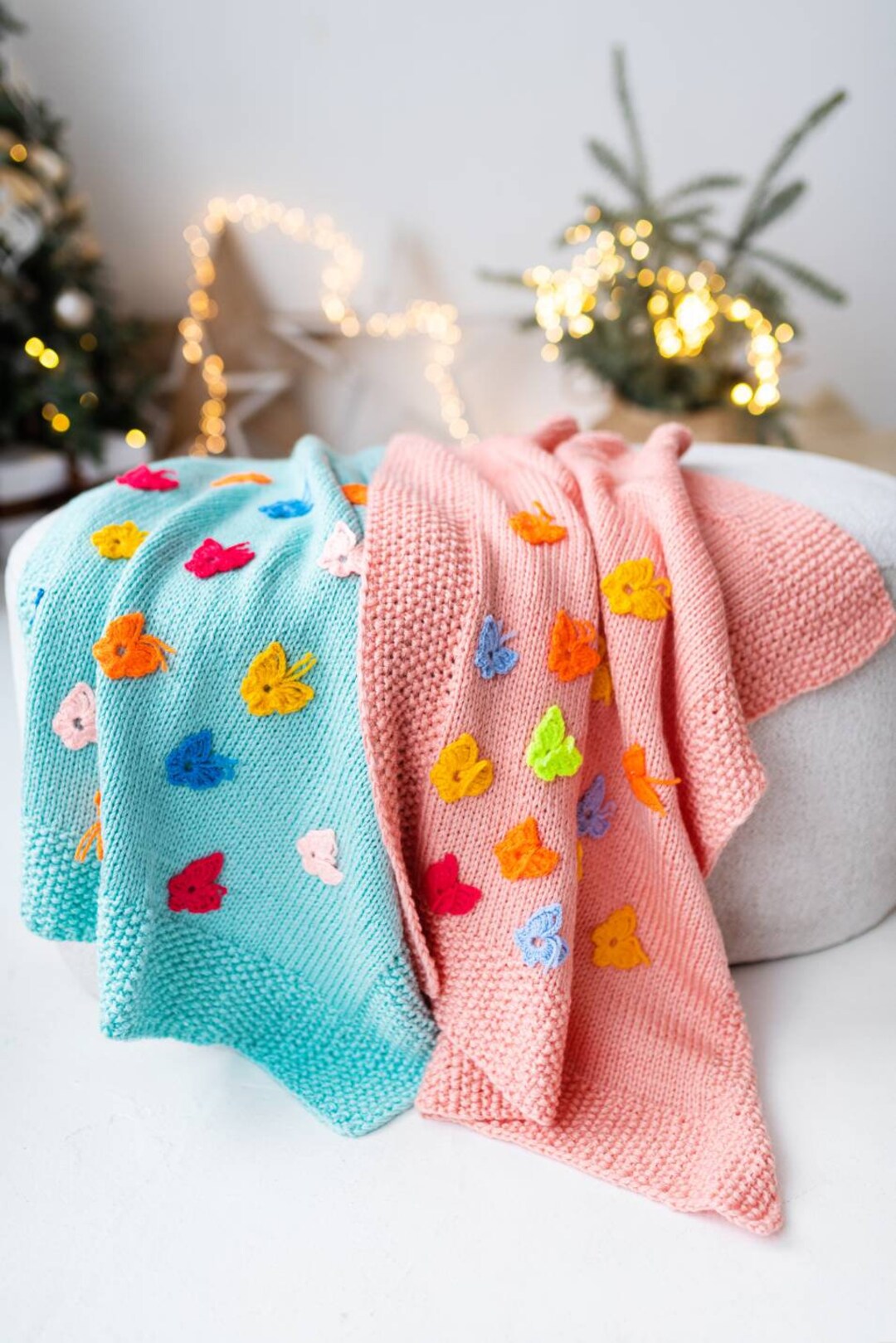 Handknit Baby Blanket/knit Blanket With Crochet Butterflies/babyshower