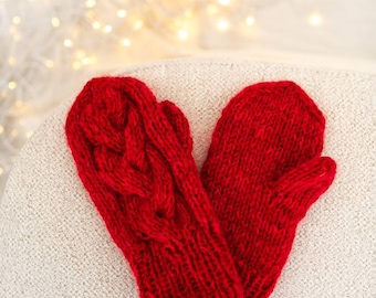 Red knit mittens for adults. Very warm and thick. Handknit mittens with cable. Beautiful gift and winter accessory. Christmas gift idea