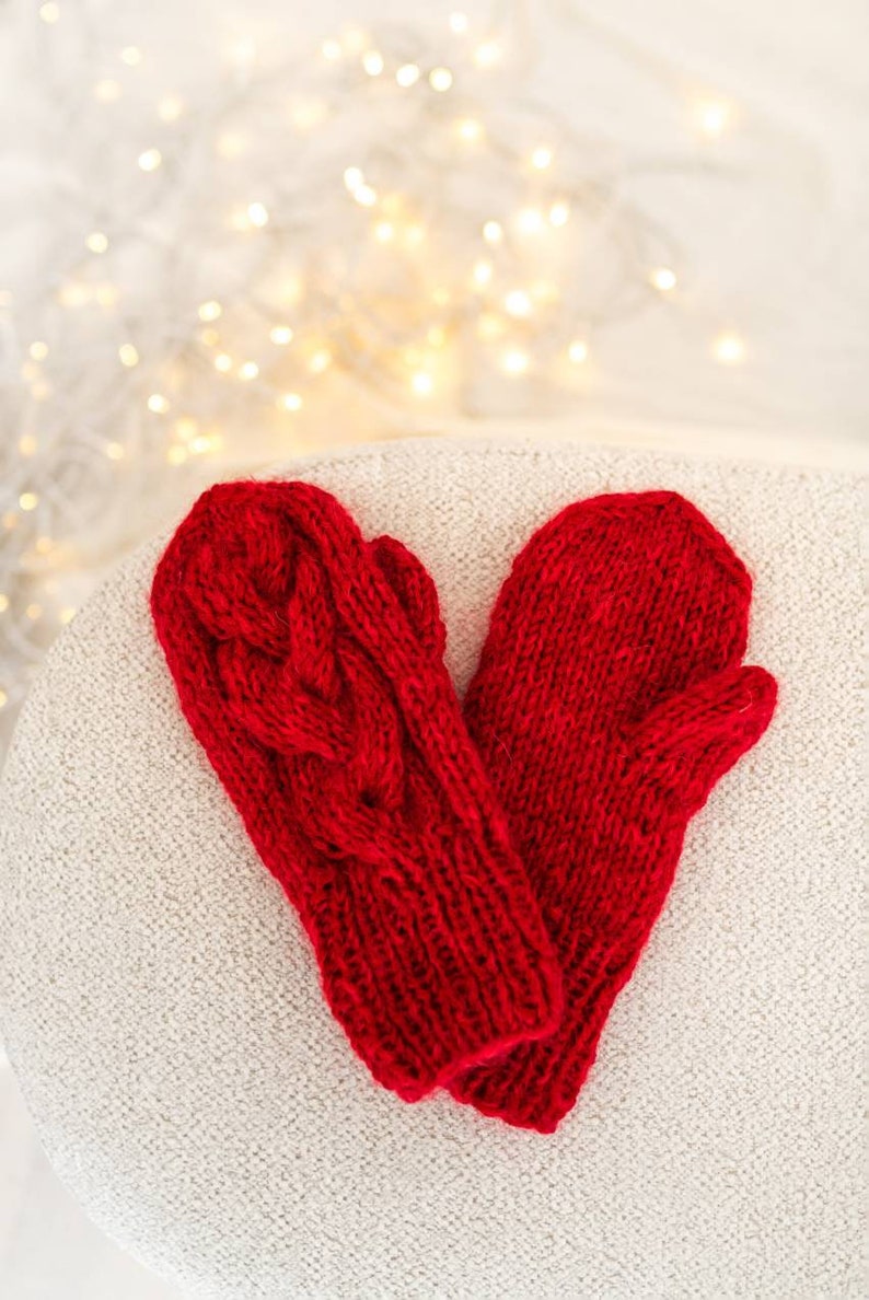 Red knit mittens for adults. Very warm and thick. Handknit mittens with cable. Beautiful gift and winter accessory. Christmas gift idea image 1