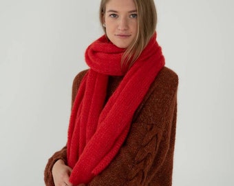 Foulard tricoté, foulard en tricot long, foulard mohair en soie rouge, idée cadeau de Noël, foulard de luxe, foulard d’hiver, foulard très chaud.