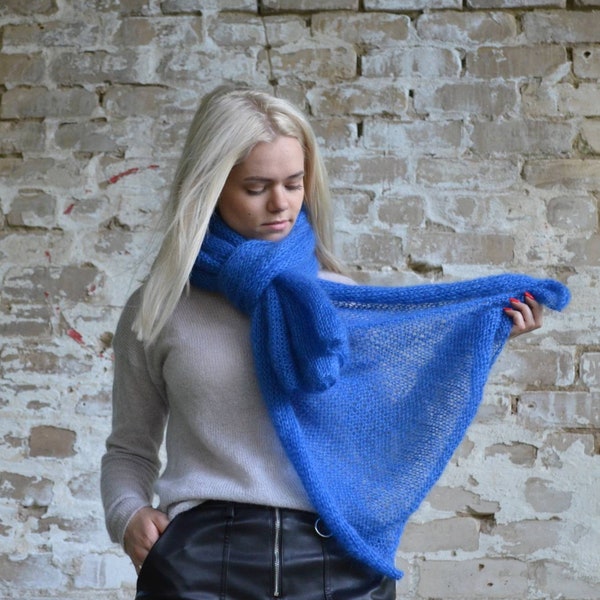 Silk mohair bright blue scarf/knitted scarf/luxury scarf/autumn-winter fashion/weightless and very soft scarf /handmade gift