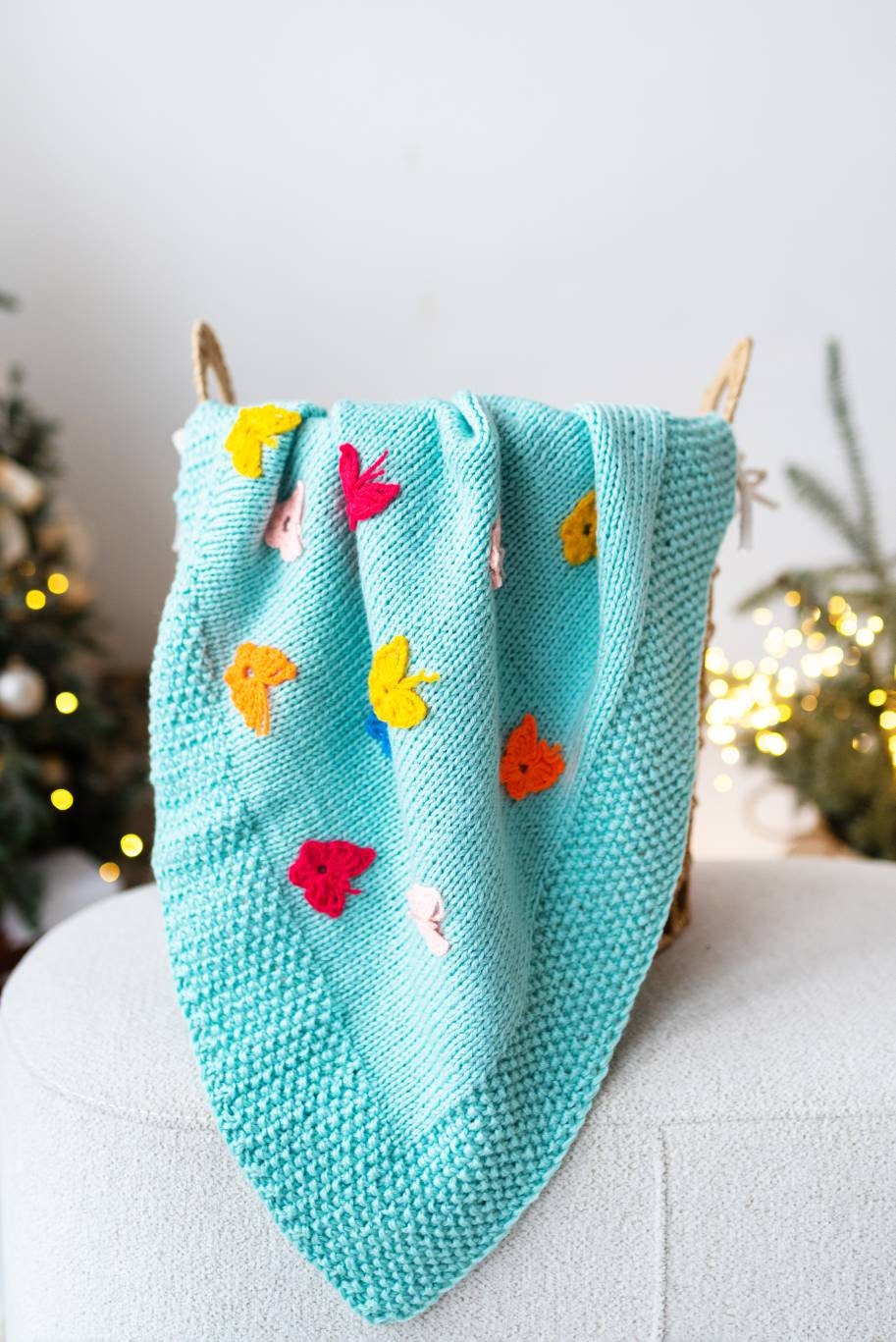 Handknit Baby Blanket/knit Blanket With Crochet Butterflies/babyshower Gift/warm Baby Blanket