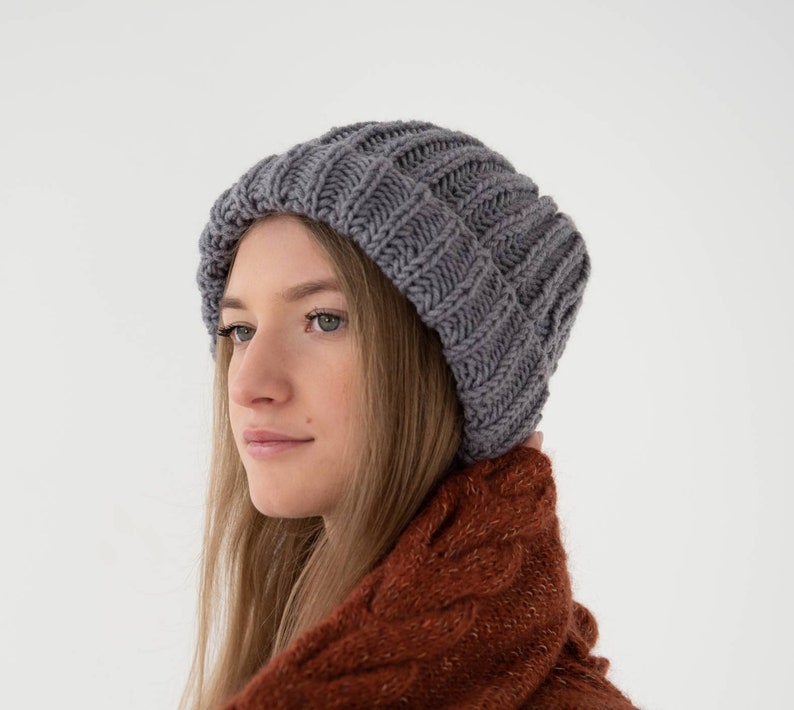 Unisex knit hat, knit winter hat, gray hat, woolen hat, winter accessory, winter gift. image 3