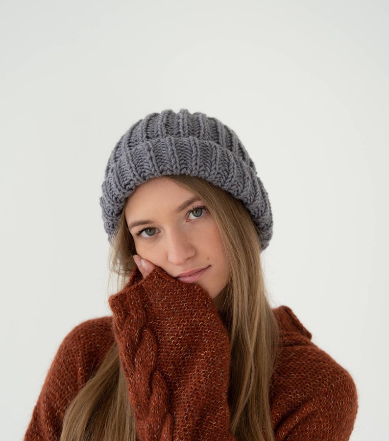 Unisex knit hat, knit winter hat, gray hat, woolen hat, winter accessory, winter gift. image 1