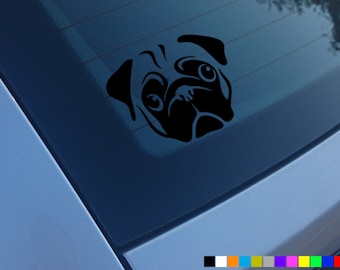 May include: Black and white silhouette of a pug dog's face on a blue car window.