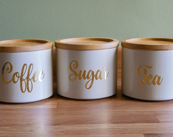 GOLD CHROME Coffee Tea Sugar Jar Stickers Vinyl Cut Adhesive Kitchen Labels Canisters