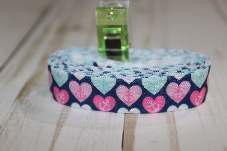 Blue with pink anchor heart print 58 inch Fold Over Elastic by the yard FOE