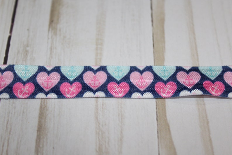 Blue with pink anchor heart print 58 inch Fold Over Elastic by the yard FOE