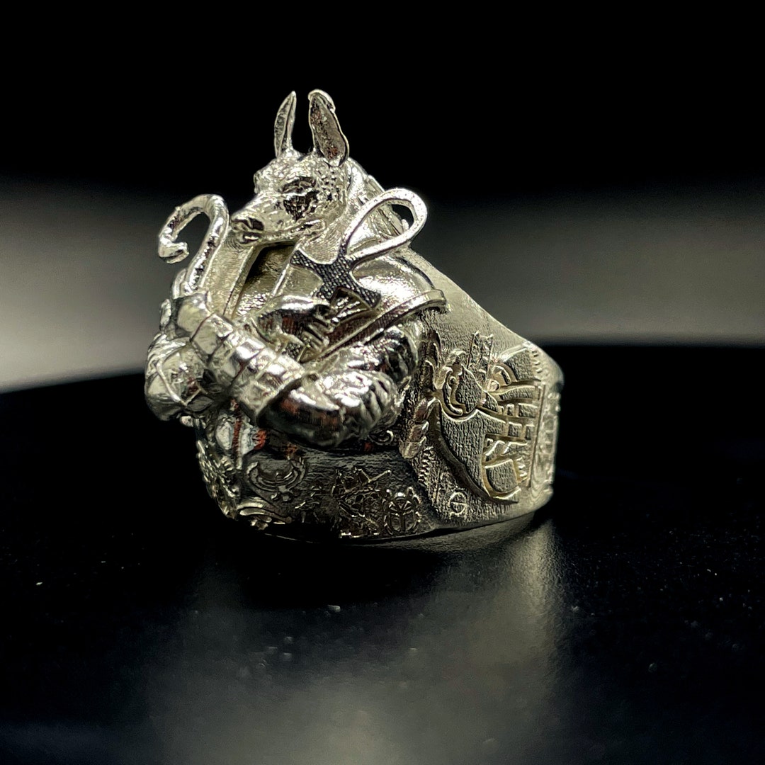 Anubis Bust Ring, Sterling Silver Ancient Egyptian Ring, Hieroglyphic ...