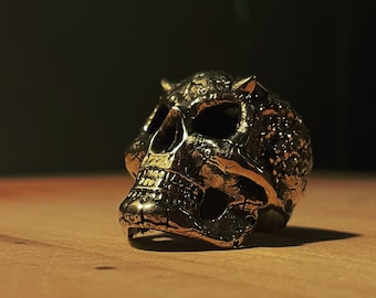 Thanatos occulte duivelsschedel sterlingzilveren herenring, gehoornde demon biker bronzen sieradenring, mythologieliefhebbers sieraden